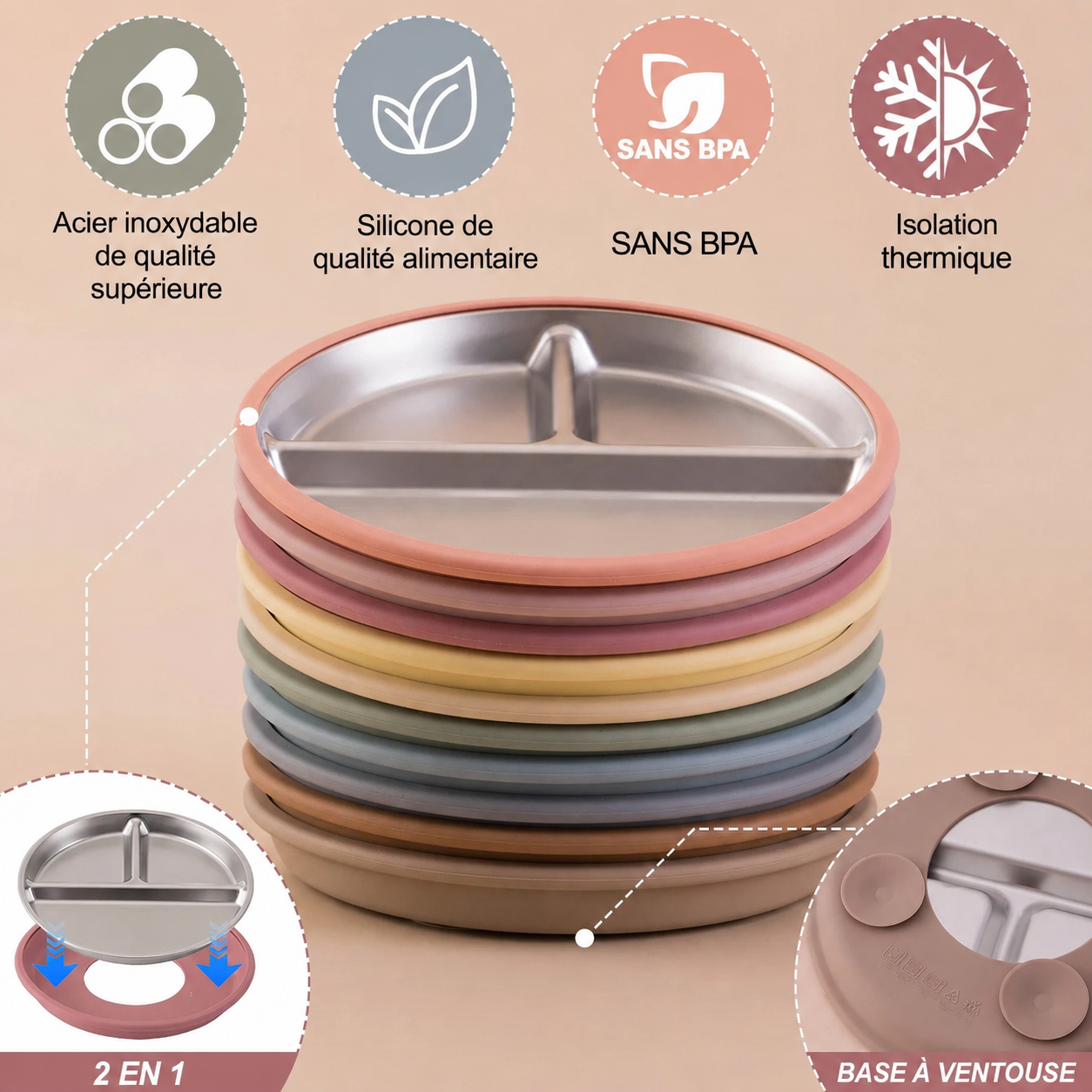 Assiette bébé INOX anti-renversement